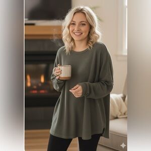 Free People Olive waffle Long‎ Sleeve Top size XL